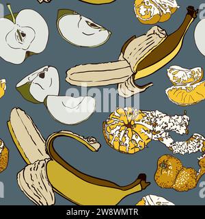 Seamless pattern with fruits on a white background. Apple, tangerine, banana in the style of linear art, doodles. Lines and abstract spots. Stock Photo