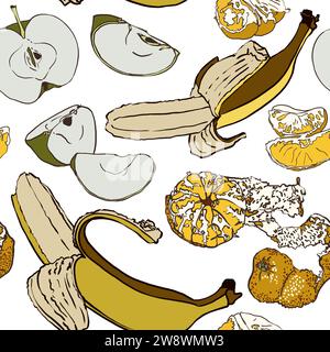 Seamless pattern with fruits on a white background. Apple, tangerine, banana in the style of linear art, doodles. Lines and abstract spots. Stock Photo