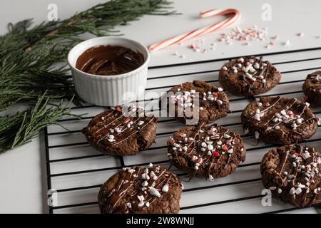 Chocolate cookies with peppermint sprinkles on baking rack. Stock Photo