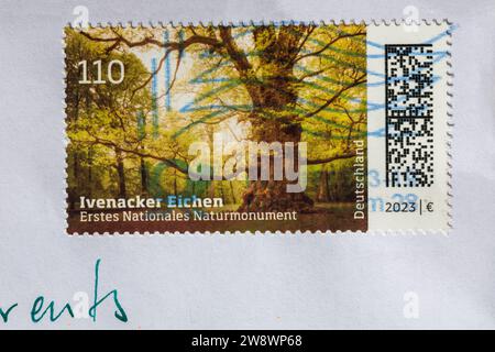 German Postage Stamp stuck on envelope Eichen Erstes Nationales Naturmonument Stock Photo