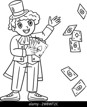 Circus Master with Cards Isolated Coloring Page Stock Vector