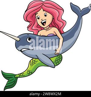 Mermaid and Hugging Narwhal Cartoon Clipart  Stock Vector