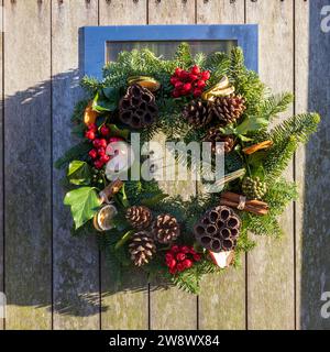 Christmas wreath made of sprigs of fir, thuja, eucalyptus, ivy, lotus, pine cones, dried apple slices, viburnum berries, and cinnamon sticks, on a gra Stock Photo