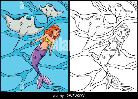 Mermaid with Manta Ray Coloring Page Illustration Stock Vector