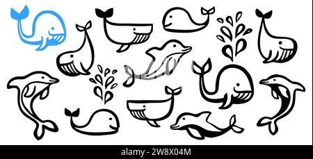 Cute cartoon set of whales and dolphins hand painted with ink brush stroke, isolated on white background. Grunge vector illustration Stock Vector
