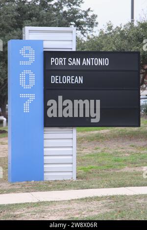 Street address sign for DeLorean Motors Reimagined in San Antonio, Texas, USA, on December 21, 2023. In early 2022 DeLorean Motors announced their establishment in San Antonio and said they would create 450 executive, management and engineering jobs. In early 2023 Port San Antonio approved the development of a futuristic looking 12-story office building to house DeLorean Motor Company. The city of San Antonio and Bexar County have promised $1 million in incentives to DeLorean. In the final month of 2023, DeLorean confirms their CEO Joost de Vries has stepped down. (Photo by Carlos Kosienski/Si Stock Photo