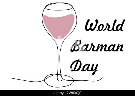 Bartenders Day. Red wine on international Bartender Day. Continuous line drawing Wineglass isolated on white. Outline vector illustration, Barman day Stock Vector