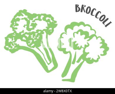 Set of 2 Broccoli drawing hand painted with ink brush isolated on white background. Vector illustration Stock Vector