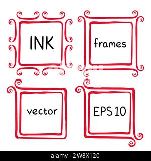 Cute hand made frames set painted with ink brush. Borders with whimsical swashes. Hand drawn doodle picture frames. Elements for baby shower, wedding Stock Vector