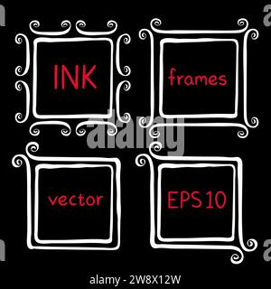 Cute hand made frames set painted with ink brush. Borders with whimsical swashes. Hand drawn doodles. Chalk board effect. Elements for baby shower, we Stock Vector