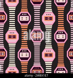 Watches colorful seamless pattern. Fashioned hand watches accessories vector repeat background in grey, pink and orange. Stock Vector