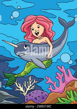 Mermaid and Hugging Narwhal Colored Cartoon  Stock Vector