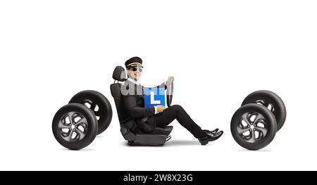Chauffeur driving on four wheels and holding a learner plate isolated on white backaground Stock Photo