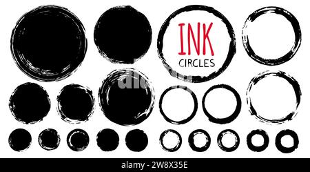 Different circles set hand painted with ink brush, isolated on white background. Vector illustration. Stock Vector