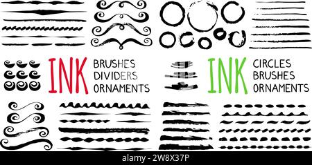 Ink brushes , dividers, circles and ornaments. Hand painted with ink brush in grungy style, isolated on white background. Vector illustration Stock Vector