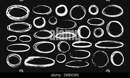 Different circles and ovals set hand painted with ink brush, isolated on white background. Vector illustration. Stock Vector
