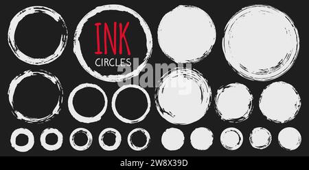 Different circles set hand painted with ink brush, isolated on white background. Vector illustration. Stock Vector