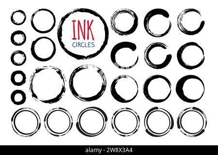 Different circles and ovals set hand painted with ink brush, isolated on white background. Vector illustration. Stock Vector