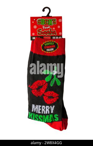 Mens Christmas novelty socks - pair of festive socks with Merry Kissmas Socks from Santa set on white background - novelty socks for Christmas present Stock Photo