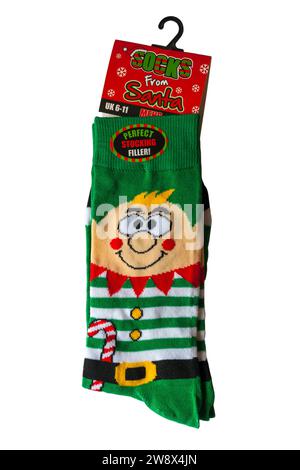 Mens Christmas novelty socks - pair of festive socks with Elf on isolated on white background - novelty socks for Christmas present, Socks from Santa Stock Photo