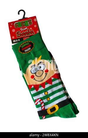Mens Christmas novelty socks - pair of festive socks with Elf on isolated on white background - novelty socks for Christmas present, Socks from Santa Stock Photo
