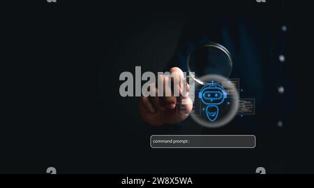 Command Prompt AI interface and machine learning language processing, neural networks. chatbot technology automation, data analysis and software devel Stock Photo