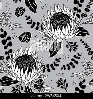 Black and white seamless pattern with line art protea flowers on gray background Stock Vector