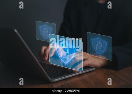 Businessman use laptop password protected cyber security identity data in cloud network system and applications social media, online bank accounts, an Stock Photo