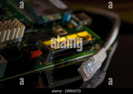 Close-up of a computer mainboard with network connector and network connections Stock Photo