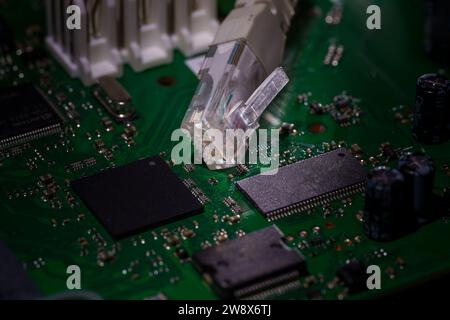 Close-up of an rj45 connector on a computer mainboard Stock Photo