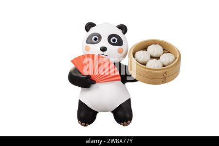 Cartoon panda and Chinese food baozi, 3d rendering. 3D