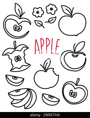 Apple set hand drawn with thin line isolated on white background. Vector illustration Stock Vector