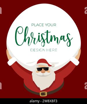Colorful bright Christmas greeting card.Cool Santa Claus with glasses and a huge bag delivering gifts. Template for your text or design. Merry Christm Stock Vector