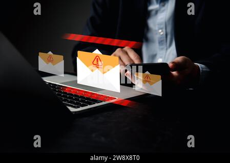 Received email alert Inbox marked with a spam virus caution sign, internet threat protection notification and warning network security safety virus sp Stock Photo