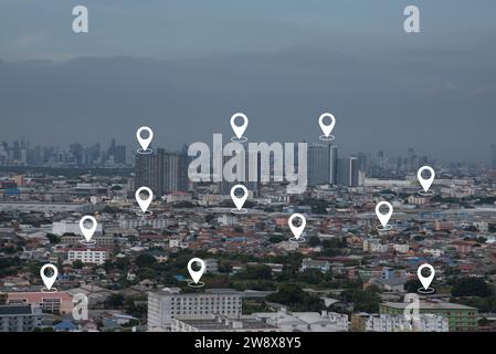 pin location data gps and city scape business digtial network connection concept Stock Photo