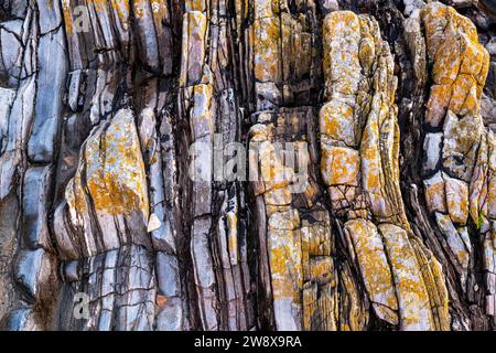 Layers of vertcal rock on Sandend beach. Aberdeenshire, Scotland Stock Photo