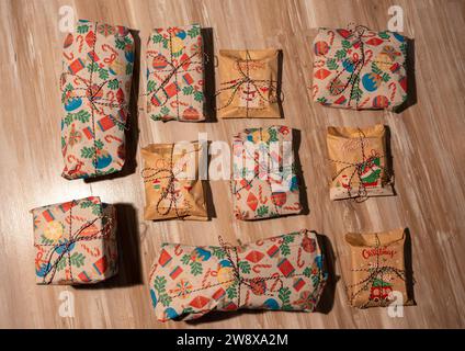 Christmas presents on the floor wrapped Stock Photo