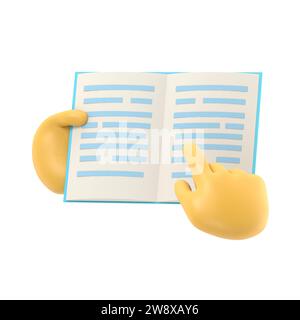 Cartoon Gesture Icon Mockup.Open book in hands,reading,education,3D rendering on white background. Stock Photo