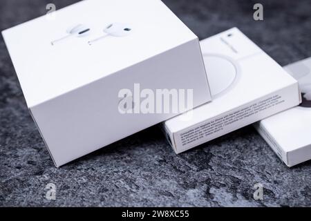Jurmala, Latvia - 21 09 2023: Close up of white box of new headphones Apple Airpods pro 2. Stock Photo