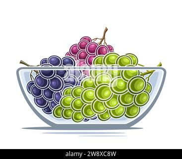 Vector logo for Grape, decorative horizontal poster with outline illustration of ripe different grape bunches composition, cartoon design fruity print Stock Vector