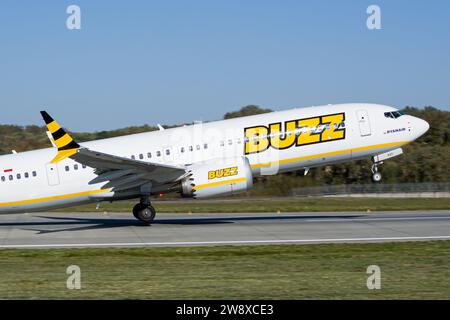 Buzz Airlines (operated by Ryanair) Boeing 737 MAX 8-200 close-up while taking off from Lviv Airport Stock Photo