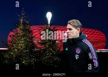 München, Deutschland 22. Dezember 2023: Fussball, Herren, Bundesliga, Saison 2023/2024, FC Bayern München, Allianz Arena ! Achtung Fotomontage ! Hier im Bild Christoph Freund, Sportdirektor (FC Bayern München) Kopf, Oberkörper mit Weihnachtsbäumen, Christbäumen, Tannenbäumen vor der Allianz Arena, Weihnachtswünsche, Spielerwünsche, Geschenke, Symbolbild, Überraschung, Weihnachtsgeschenk Stock Photo