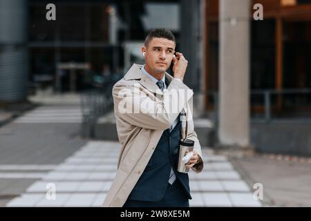 Businessman wearing wireless in-ear headphones while standing at street Stock Photo