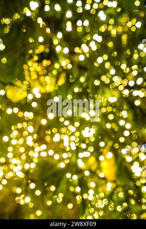 Christmas lights and fir branches. Christmas texture for postcards. Garland with lights on Christmas tree. A place for advertising Stock Photo