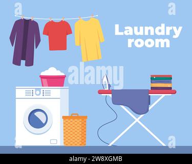 Modern laundry room interior with washing machine, ironing board, clean sheets drying on rack, dirty clothes in basket. Vector illustration Stock Vector