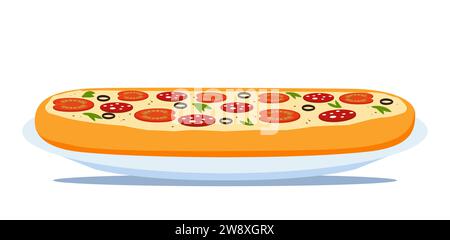 Side view pizza with various ingredients. Whole pizza on plate. Italian pizza. Italian traditional food. Vector illustration Stock Vector