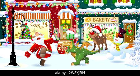 Happy Santa, dragon, deer, and snowman on a snowy street celebrating Christmas. Stock Vector