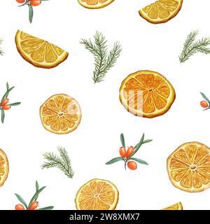 Seamless pattern with dry orange slices, sea buckthorn berry, spruce branches. Citrus, berries, evergreen for winter warming drink. Stock Photo