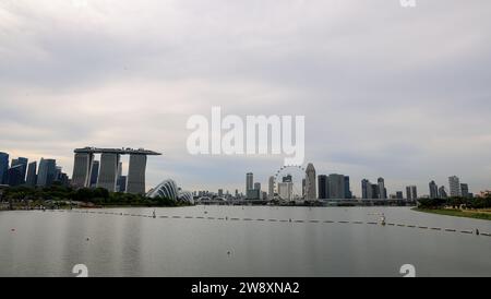 Singapore CBD city skyline view from Marina Barrage, with beautiful blue sky and white cloud. Stock Photo