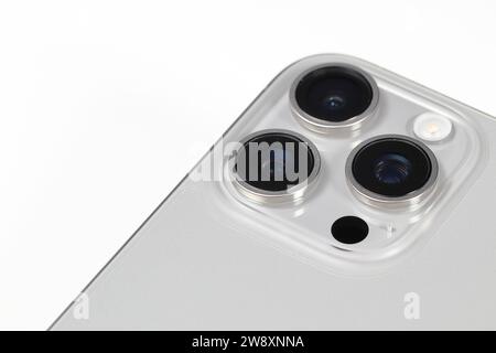 Close up of rear camera on smartphone or Mobile phone mockup on white background. Stock Photo